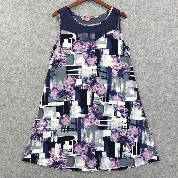 SJS Dress Womens Sz L Purple Floral Geometric Sleeveless A-Line Made USA Summer - Picture 1 of 8